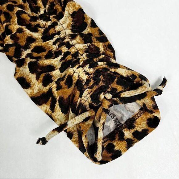 Chico’s Tan Brown Cheetah Animal Print Slit Ruched Tie 3/4 Sleeve Top Medium - Picture 6 of 11